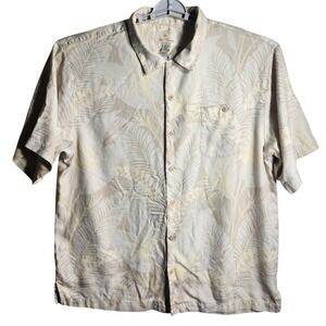 Island Treasures XL 100% Silk Button Up Shirt Beige Palm Leaf Tropical Hawaiian‎